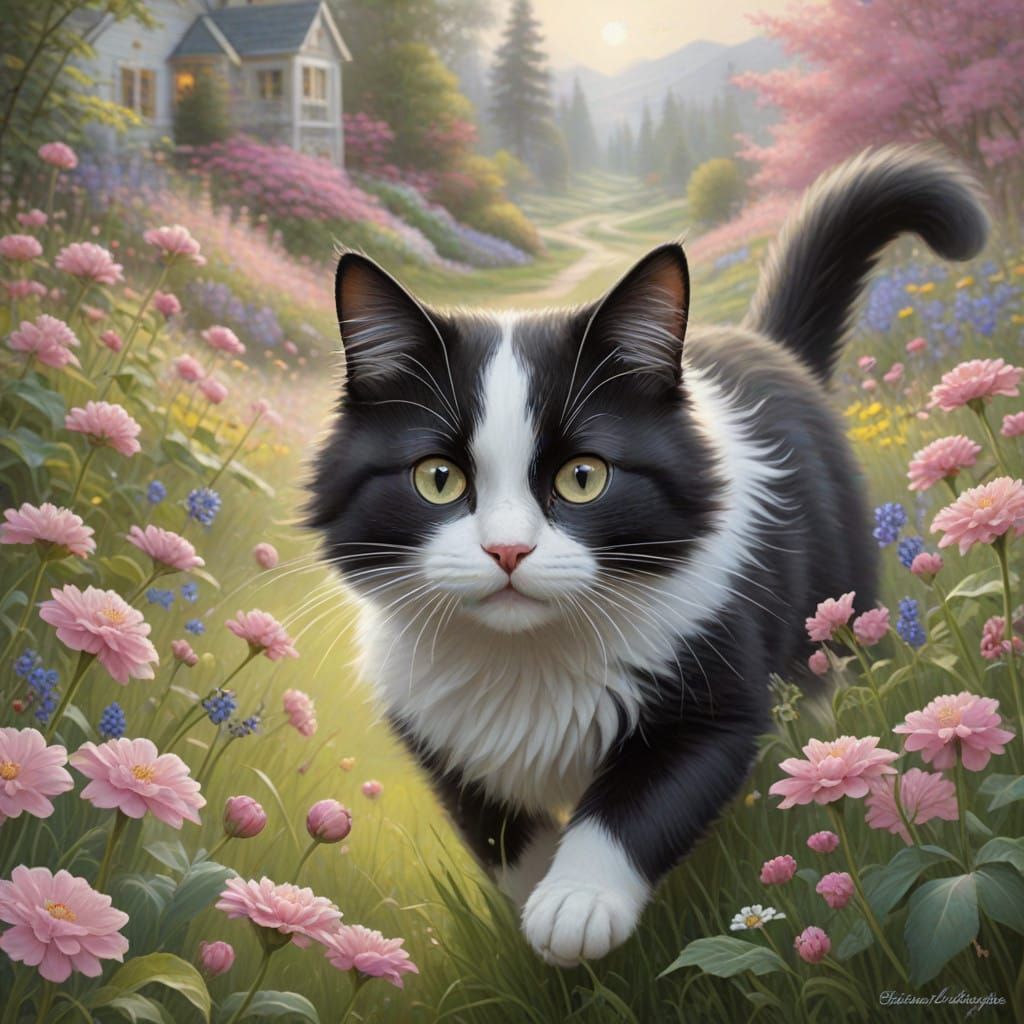 Whimsical Cat Chases Pink Ball in Vibrant Floral Field