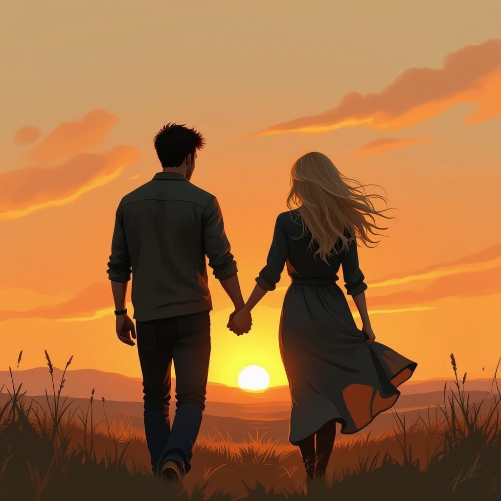 Silhouetted Couple Walking into Sunset, Digital Art