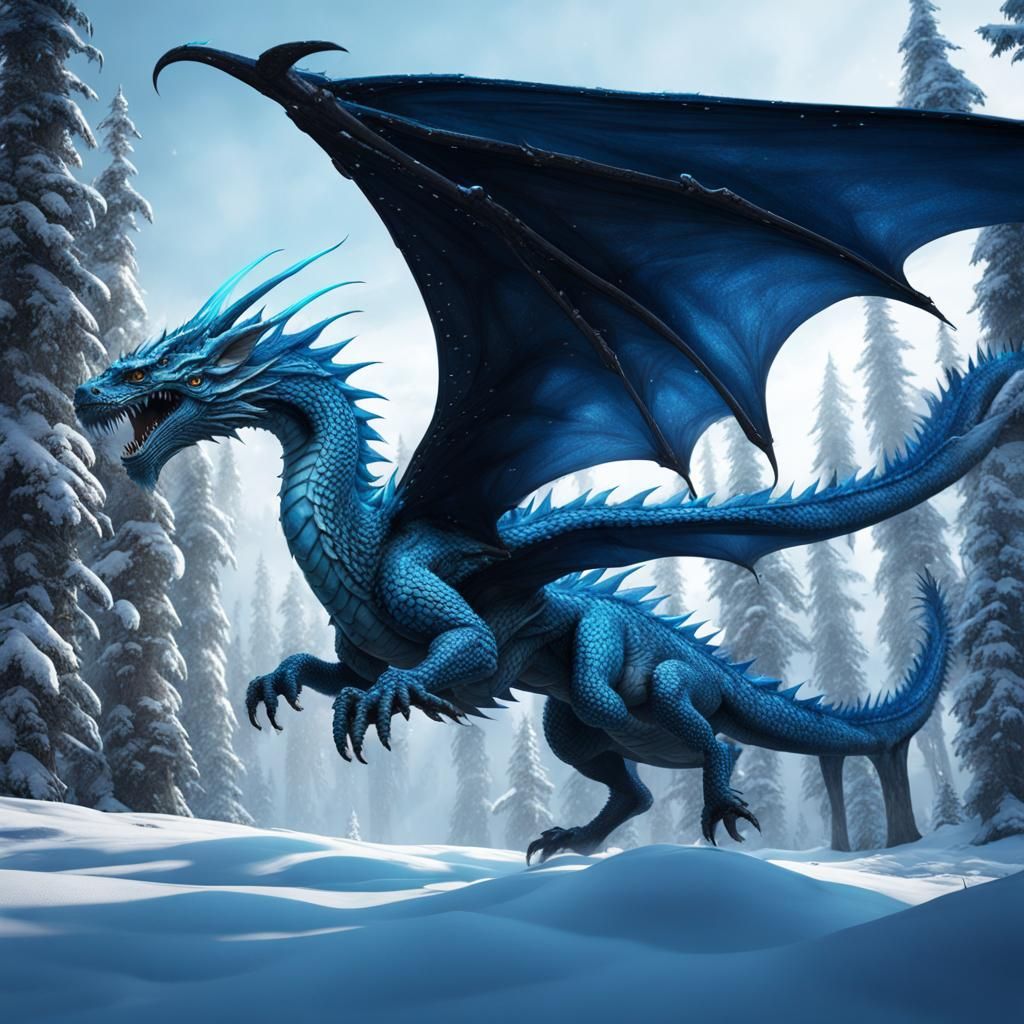 Blue Ice Dragon Flies in Snowy Forest