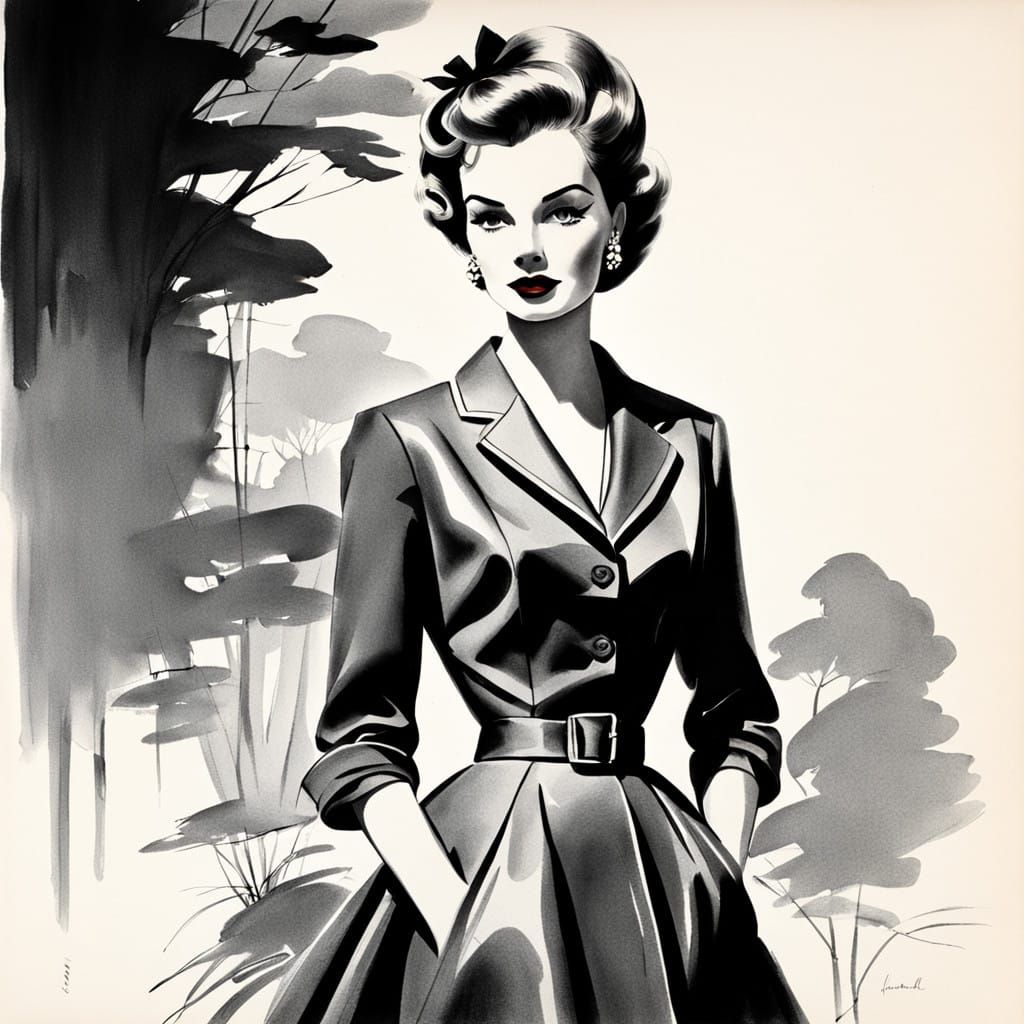 Vintage Vogue Fashion Illustration in Charcoal and Line Art