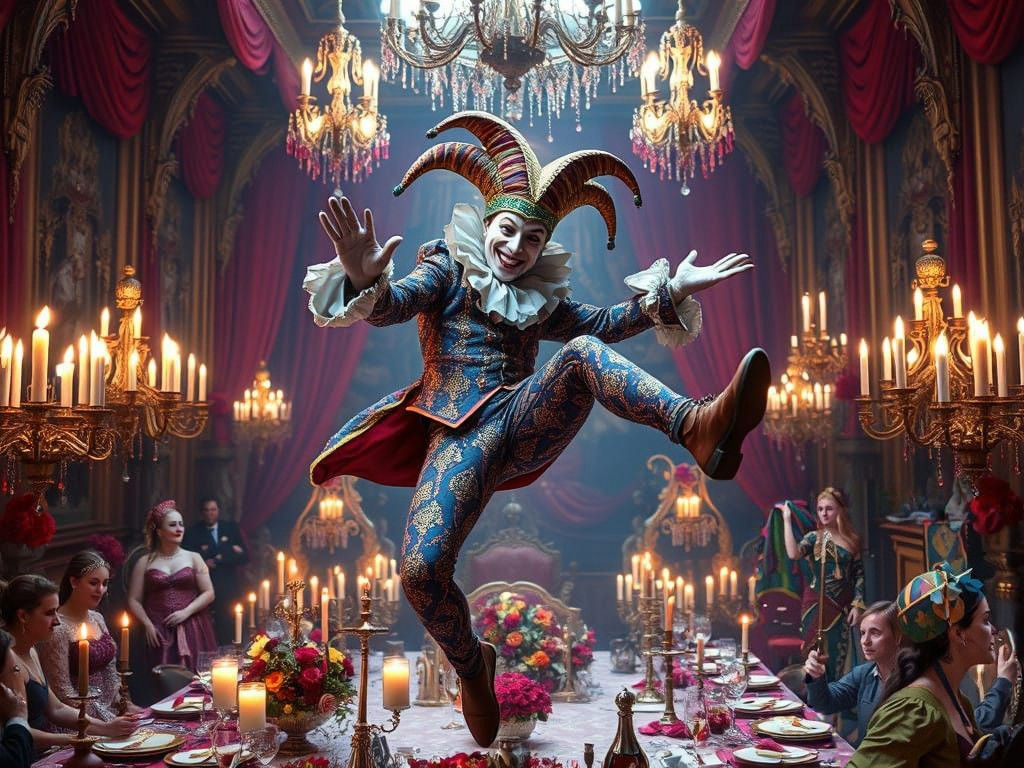 Whimsical Jester in a Vibrant Grand Feast Scene, in a Maxima...