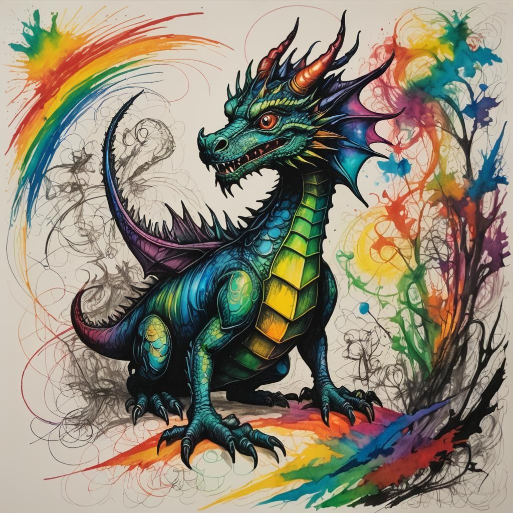 Surreal Dragon Crayon Drawing with Rainbow Fairy