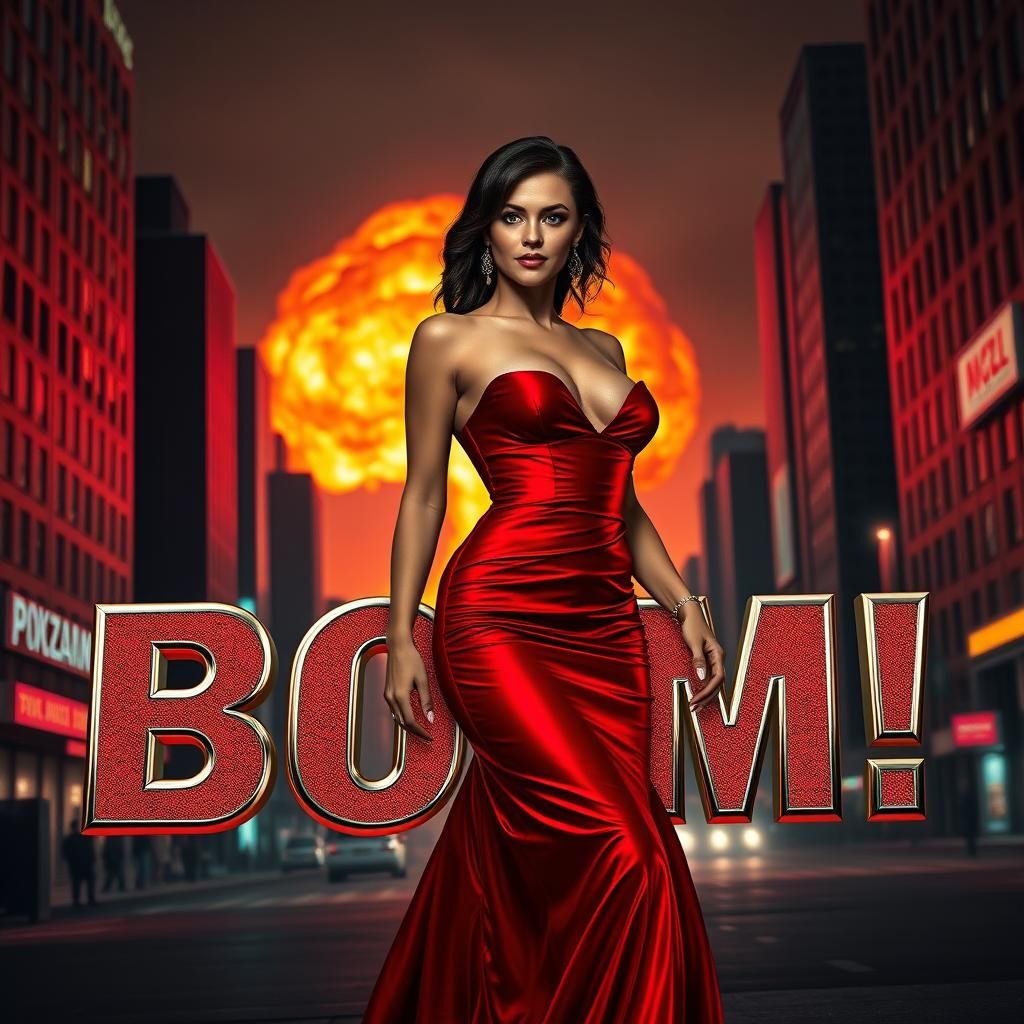 Apocalyptic Glamour: Woman in Red Dress Amidst Chaos