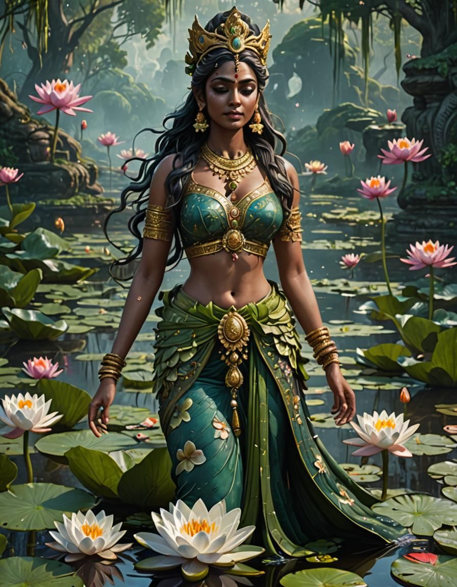 Hindu Goddess in Pond Lily Dress: Detailed Matte Painting