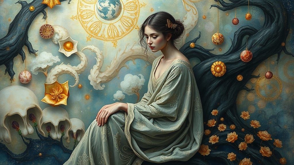 Ethereal Figure in Vibrant, Dreamlike Landscape