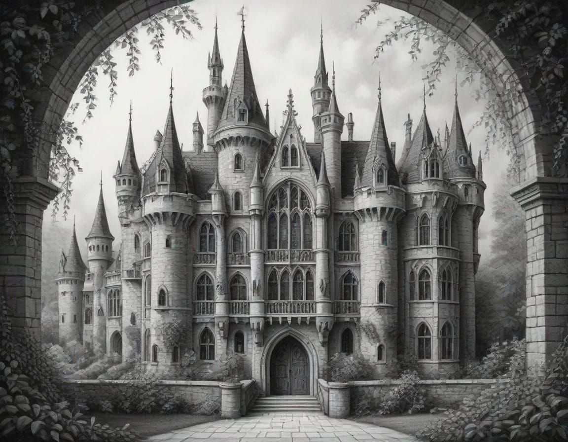 Elaborate Gothic Castle Sketch on Parchment