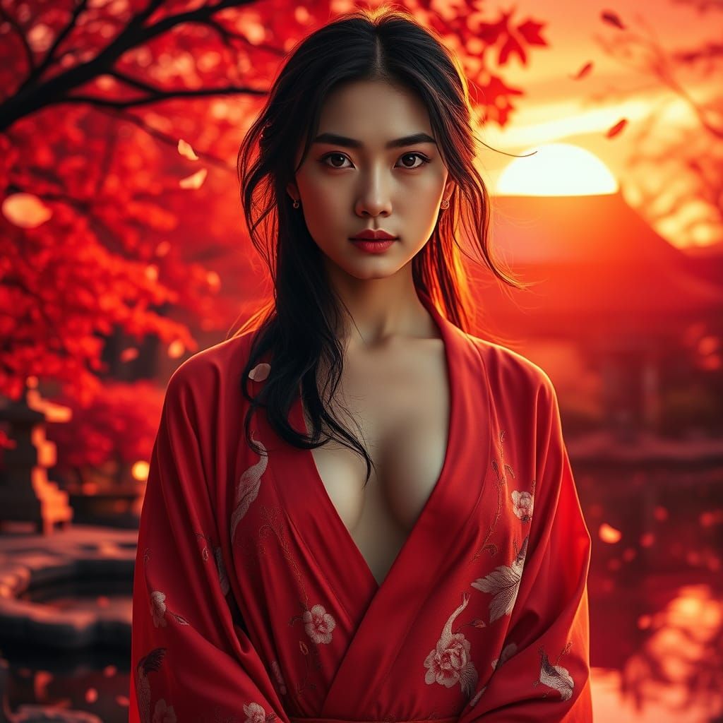 Japanese Woman in Garden at Sunset, Cinematic Portrait