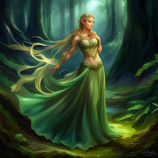Fantasy Elven Princess in Dark Forest, Hyperdetailed Art