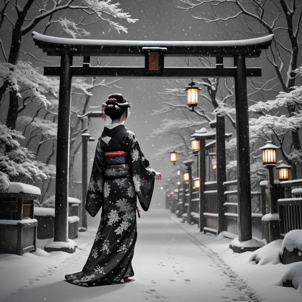 Geisha in Snowy Night: A Dramatic Matte Painting