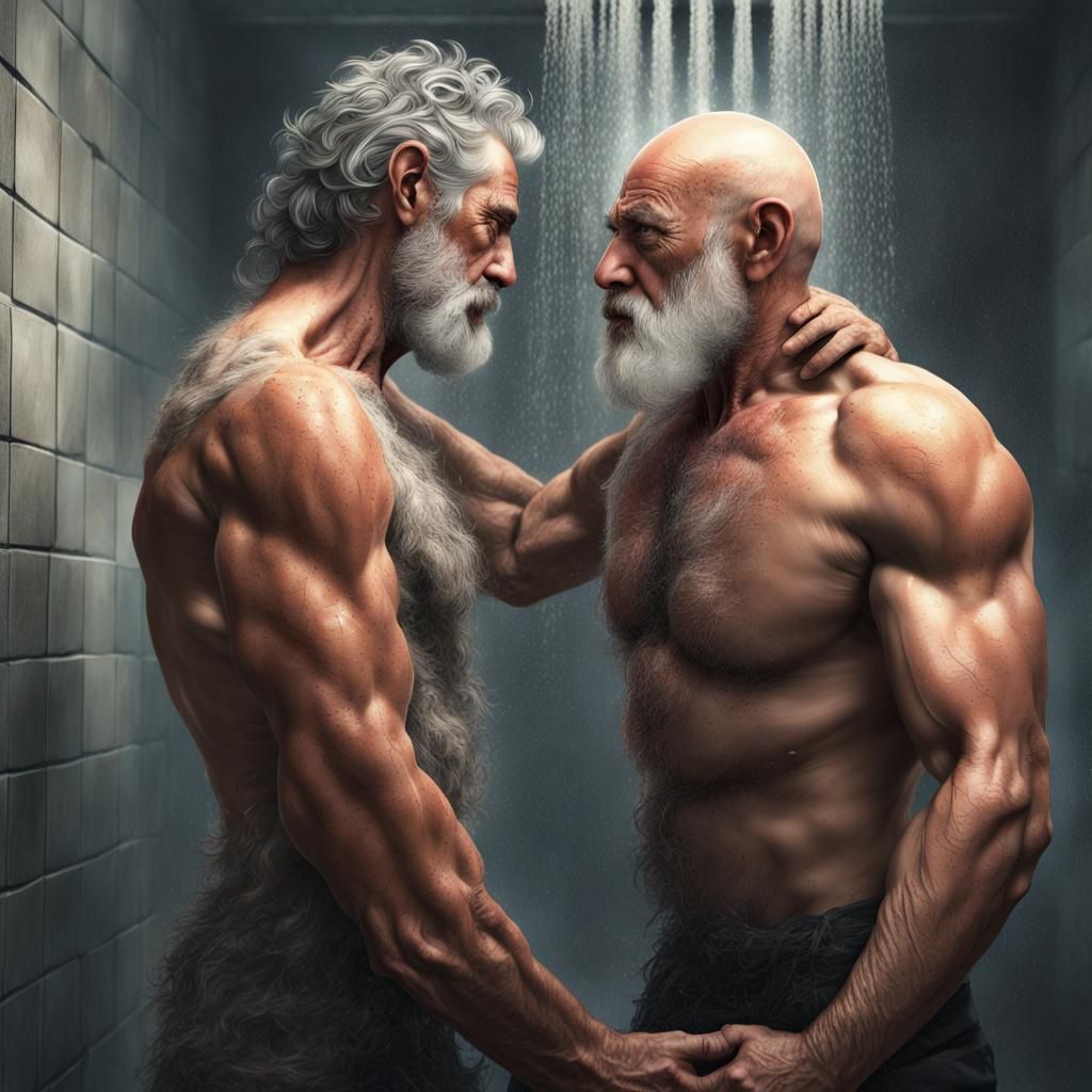 Passionate Embrace: Muscular Men in Detailed Matte Painting