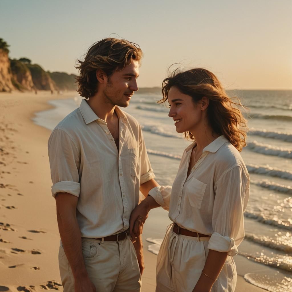 Young Couple Conversing on Beach in Golden Hour