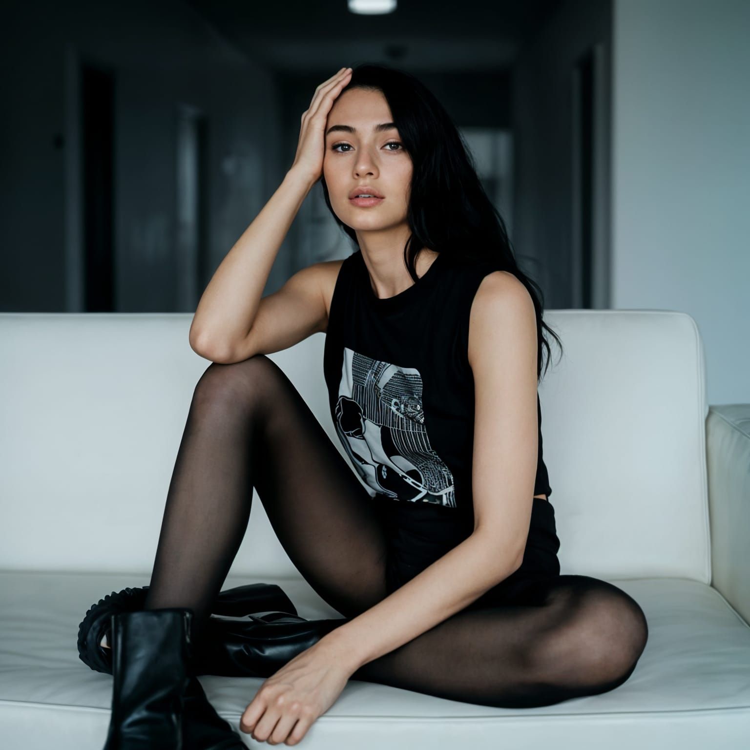 Fashion Photography: Woman in Black on White Couch