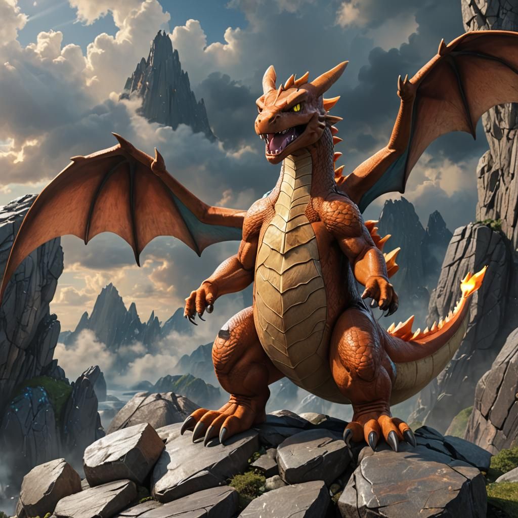 Majestic Charizard Poses on Rocky Cliff in Photorealistic Di...