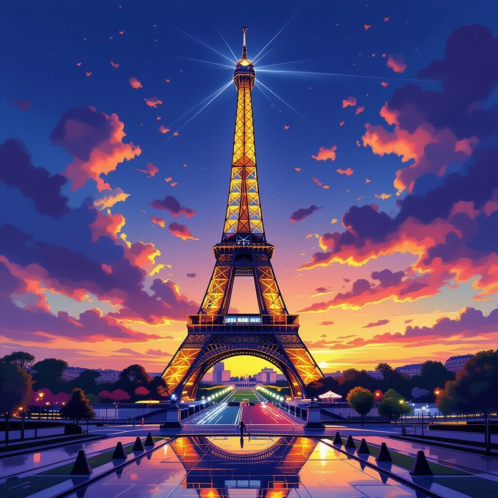 Eiffel Tower in Dramatic French Landscape, Splash Art Style