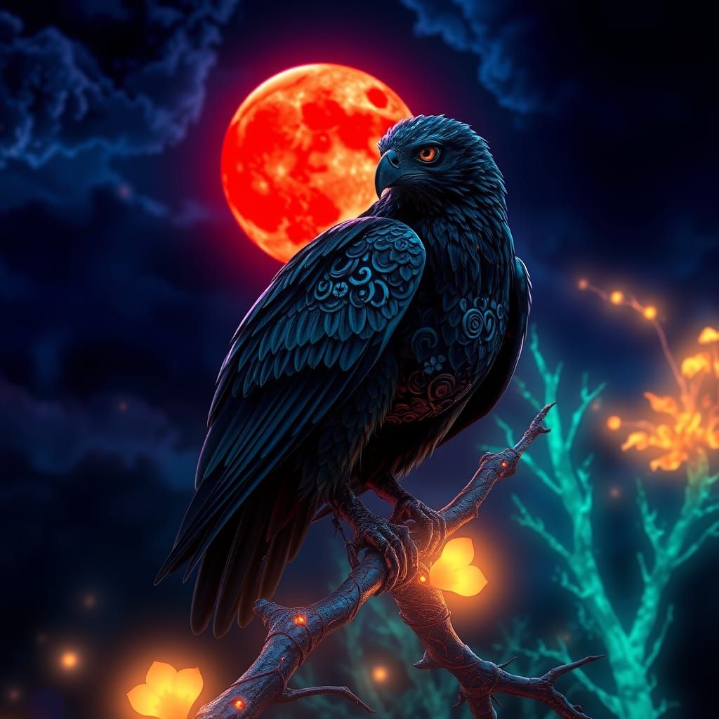 Ethereal Night Hawk Perched on Glowing Branch