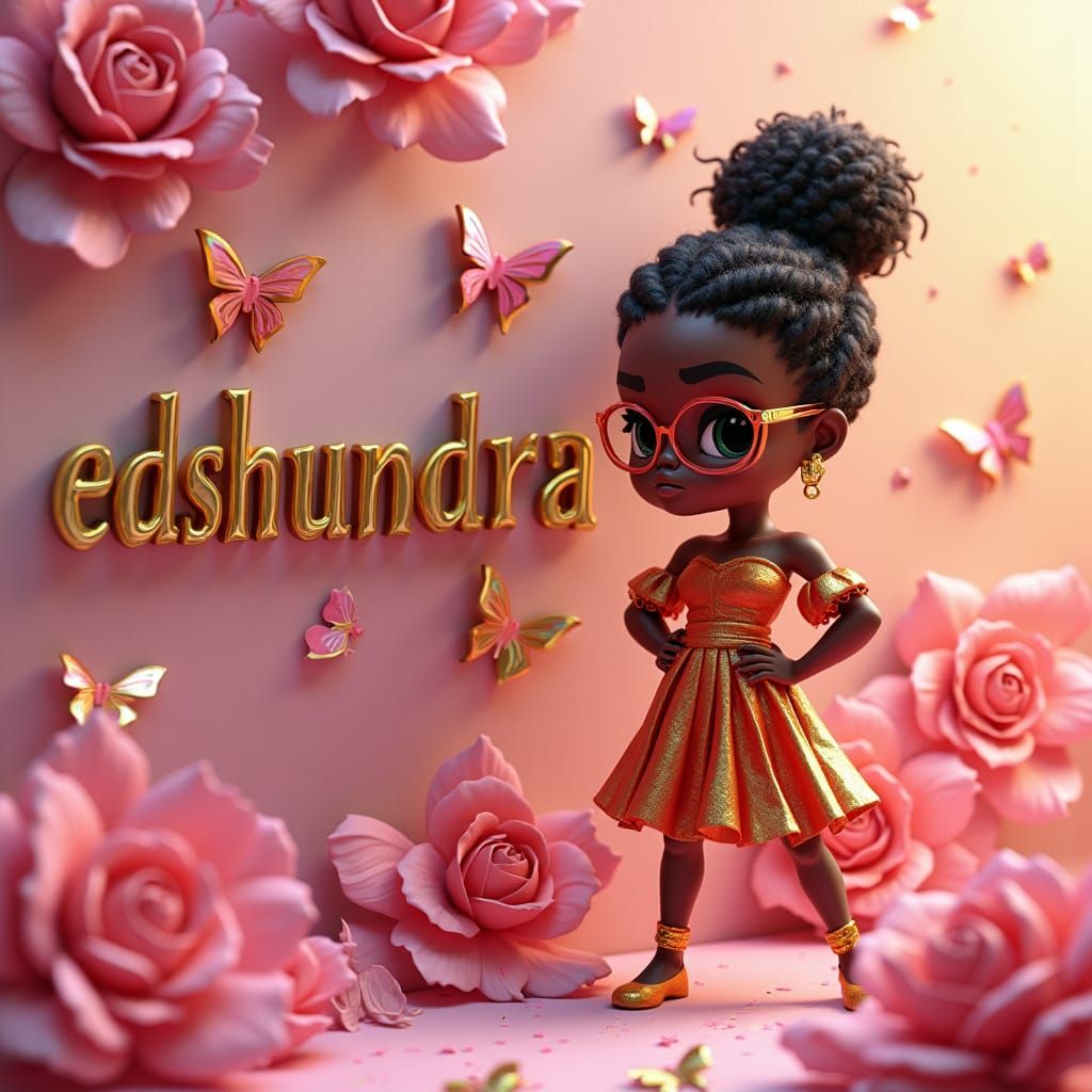 3D Pink and Gold Floral Name Art with Chibi Character