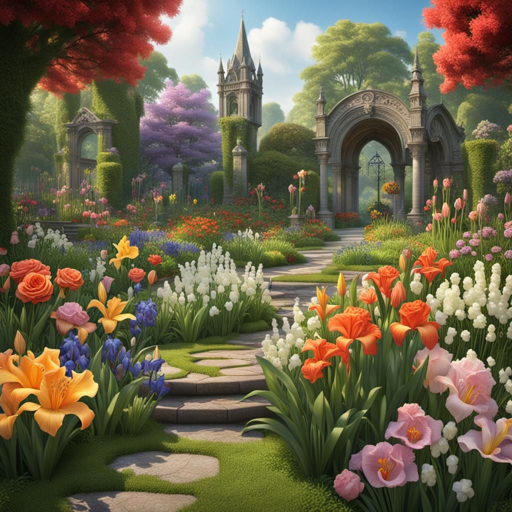 Lush Flower Garden in Detailed Matte Painting Style
