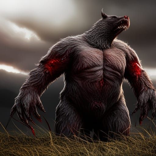 Giant Blood-Soaked Bear Demon in Open Field