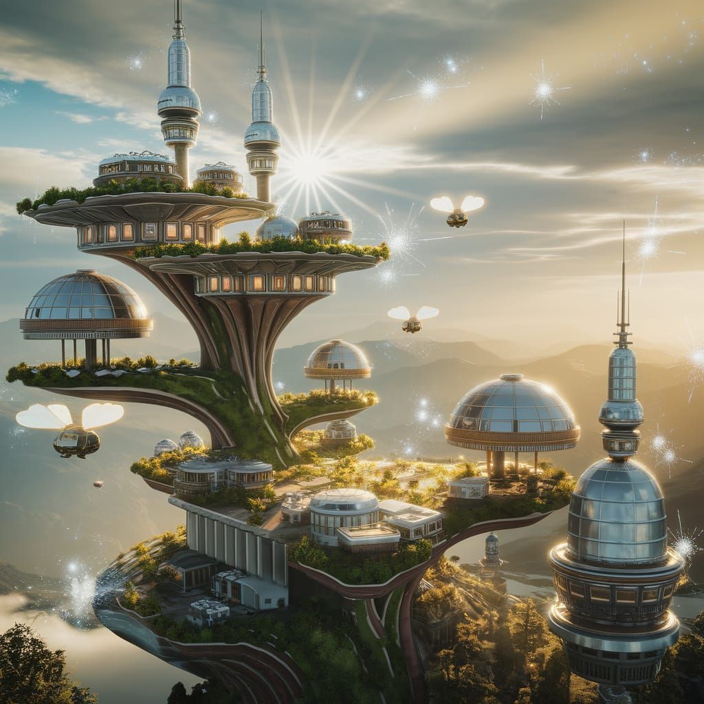 Retro-Futuristic Tree City in Vibrant Hues