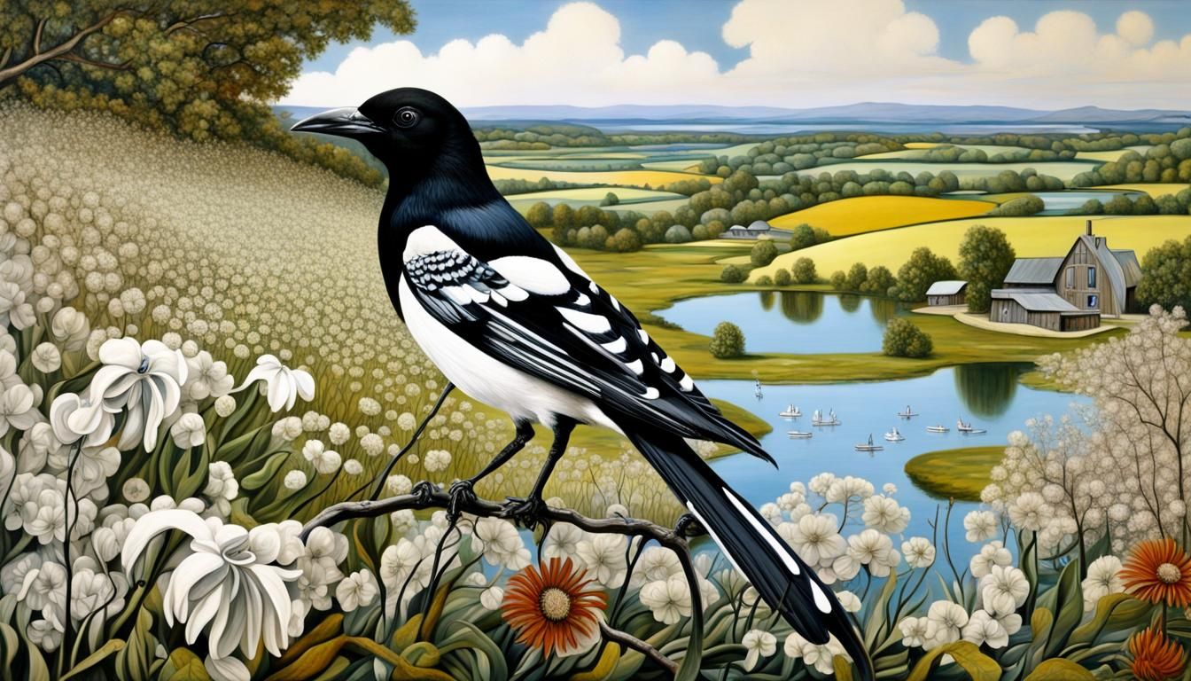 Magpie Bird Overlooking Surreal Pastoral Landscape