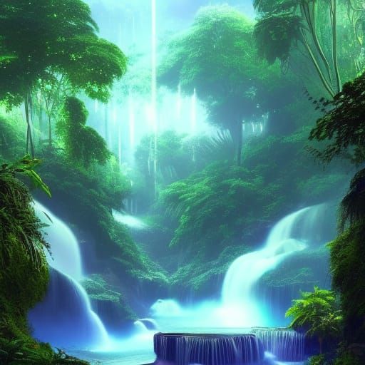 Lush Solarpunk Rainforest with Sapphire Waterfalls