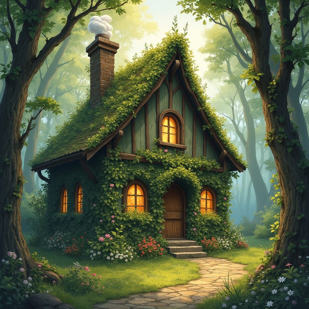 Enchanted Forest Cottage in Arthur Rackham Style