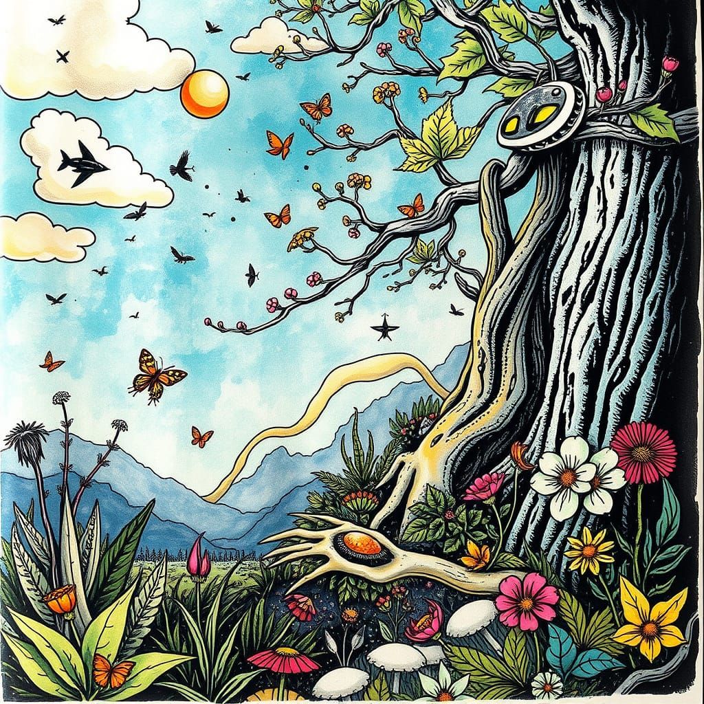 Whimsical Nature Scene with Tattoo Designs in Surreal Style