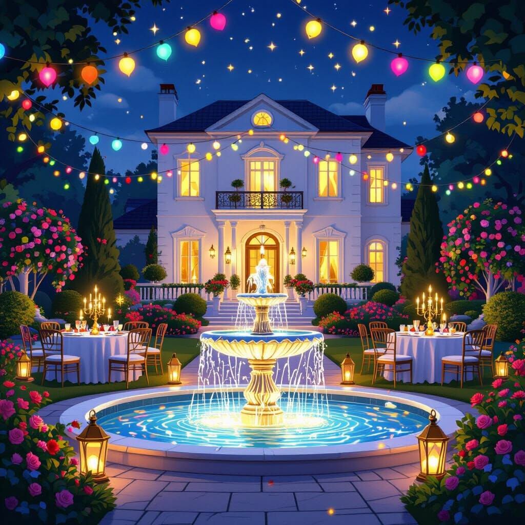 Luxurious Mansion Garden Party at Night, Cartoon Style