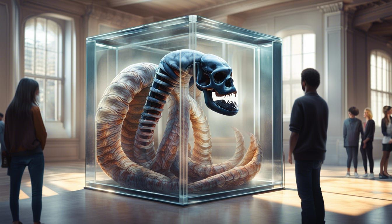 Giant Skeletal Cobra in Glass Cube, 3D Render