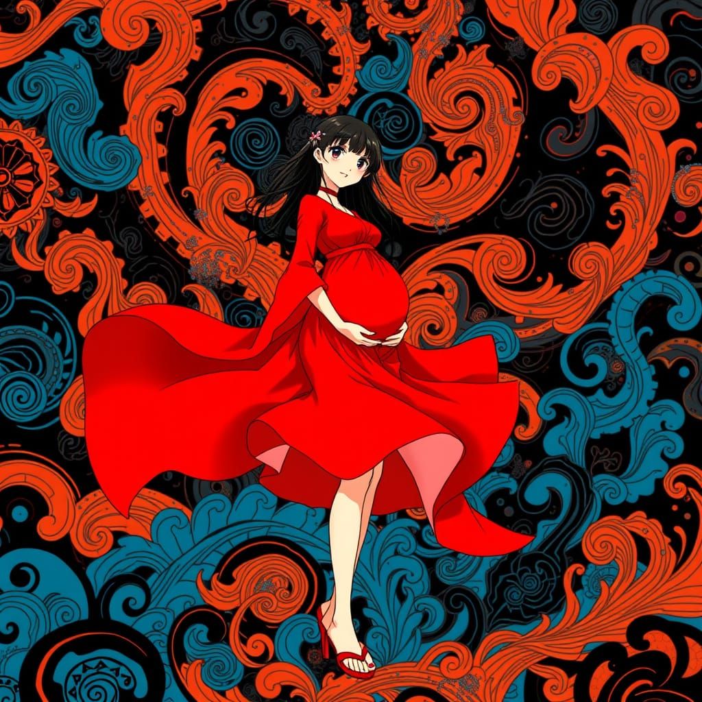 Anime Girl Pregnant in Vibrant, Detailed Background