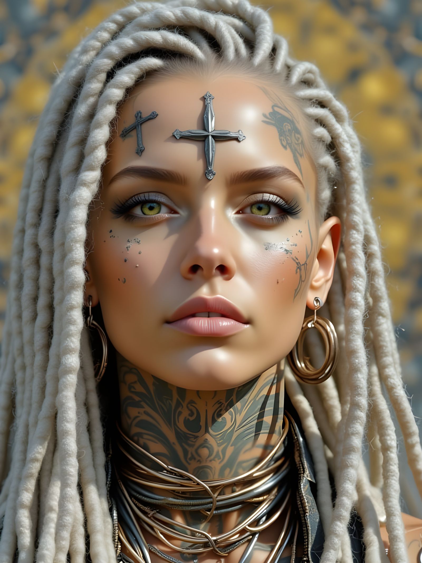 Portrait of Tattooed Woman in Cyberpunk Style