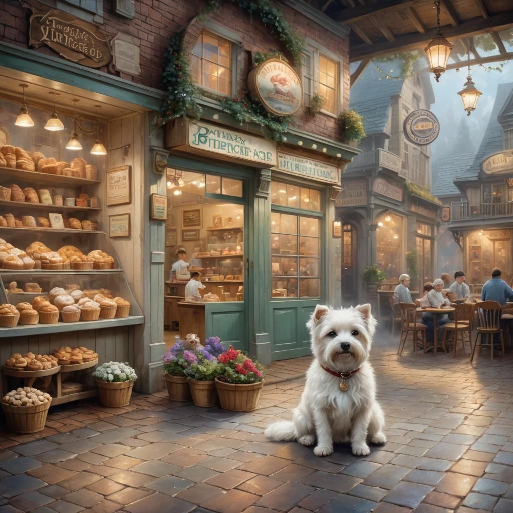 Cute White Dog in Vintage Bakery