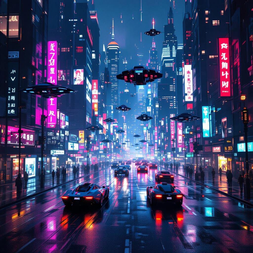 Cyberpunk Cityscape at Night with Flying Cars