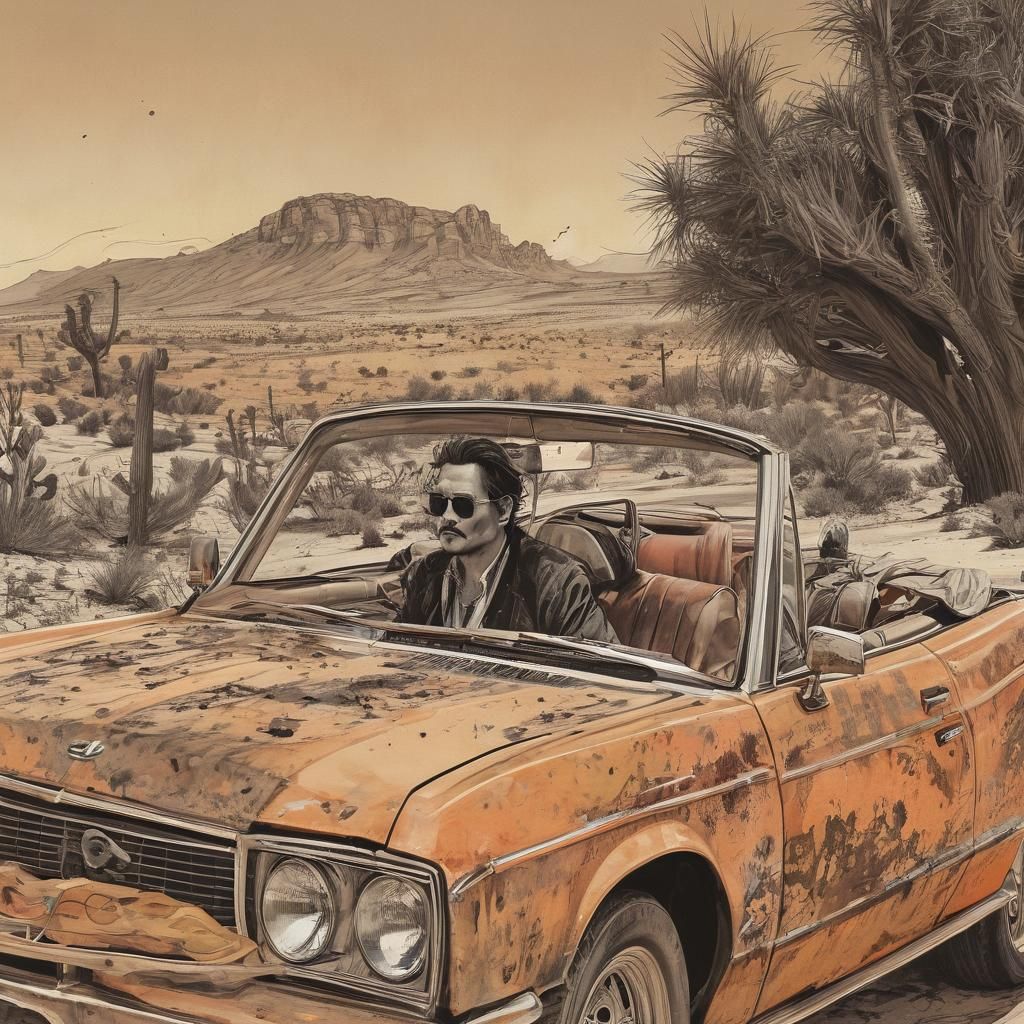 Surreal Desert Drive in Ralph Steadman Style