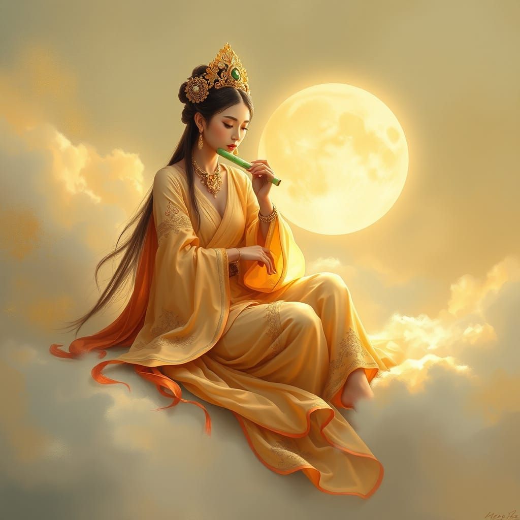Ethereal Empress Playing Flute on Cloud in Fantasy Art