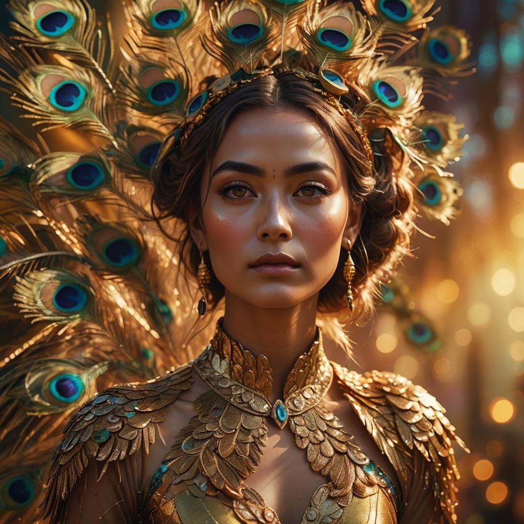 Golden Woman with Peacock Feather Hair: Hyperrealistic Art