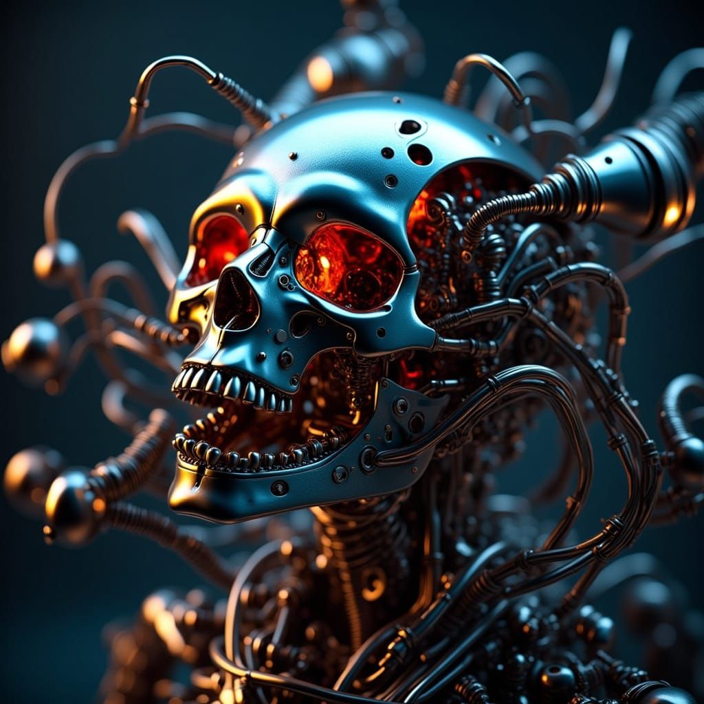 Photorealistic Mechanical Skull with Sprouting Wires in Stea...