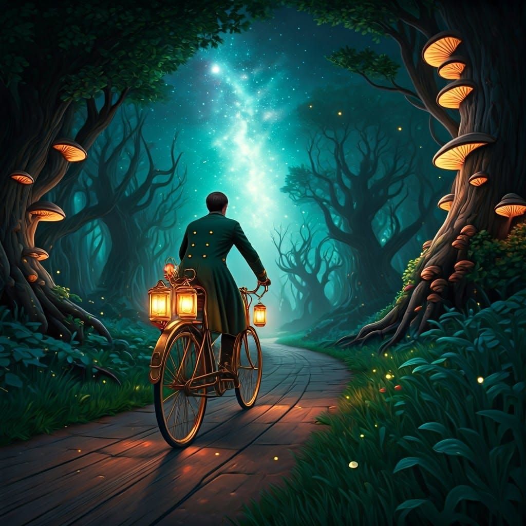 Mystical Cyclist on Moonlit Path in 8K