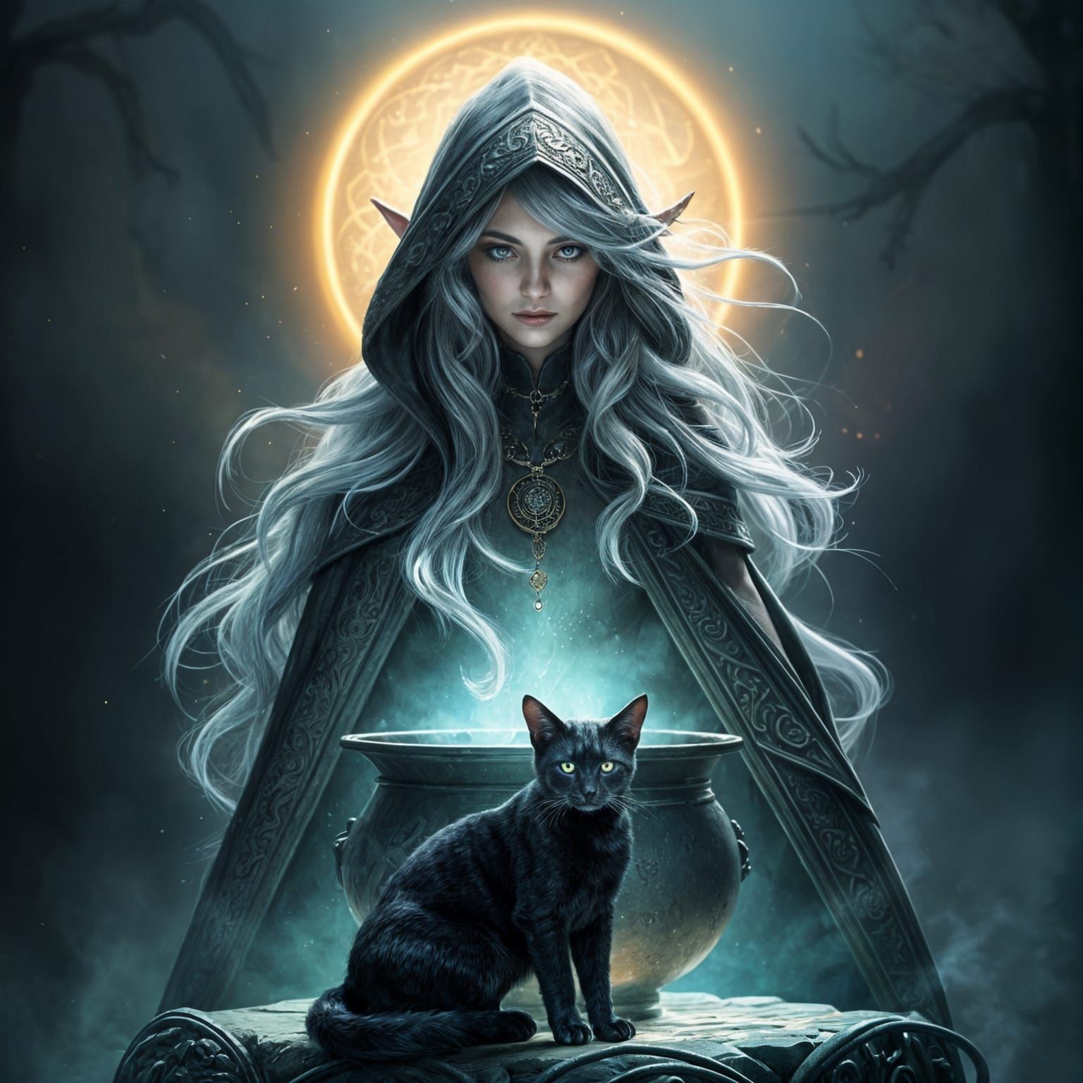 Ethereal Elven Sorceress at Cauldron with Majestic Feline