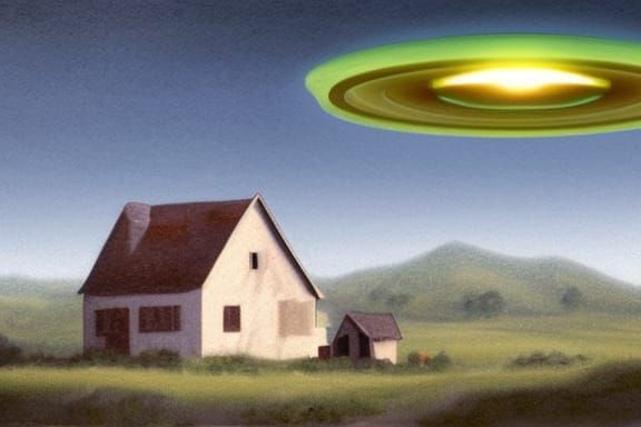 a UFO hovering over a lonely farmhouse