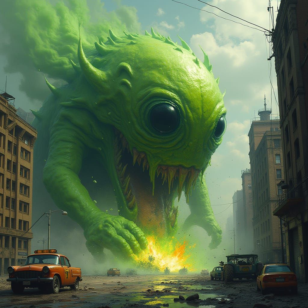 Cyberpunk Cyclops Rampages through Toxic Cityscape