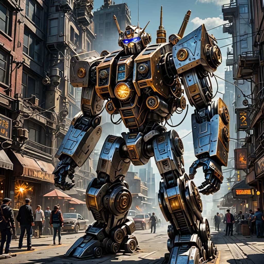 Steampunk Robot in Futuristic City, Hyperrealistic Art