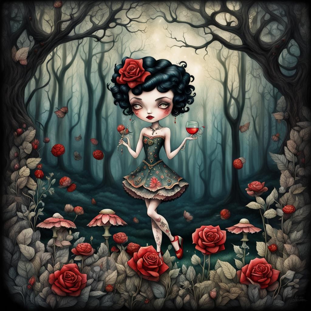 Betty Boop with Tattoos in Whimsical Tim Burton Style