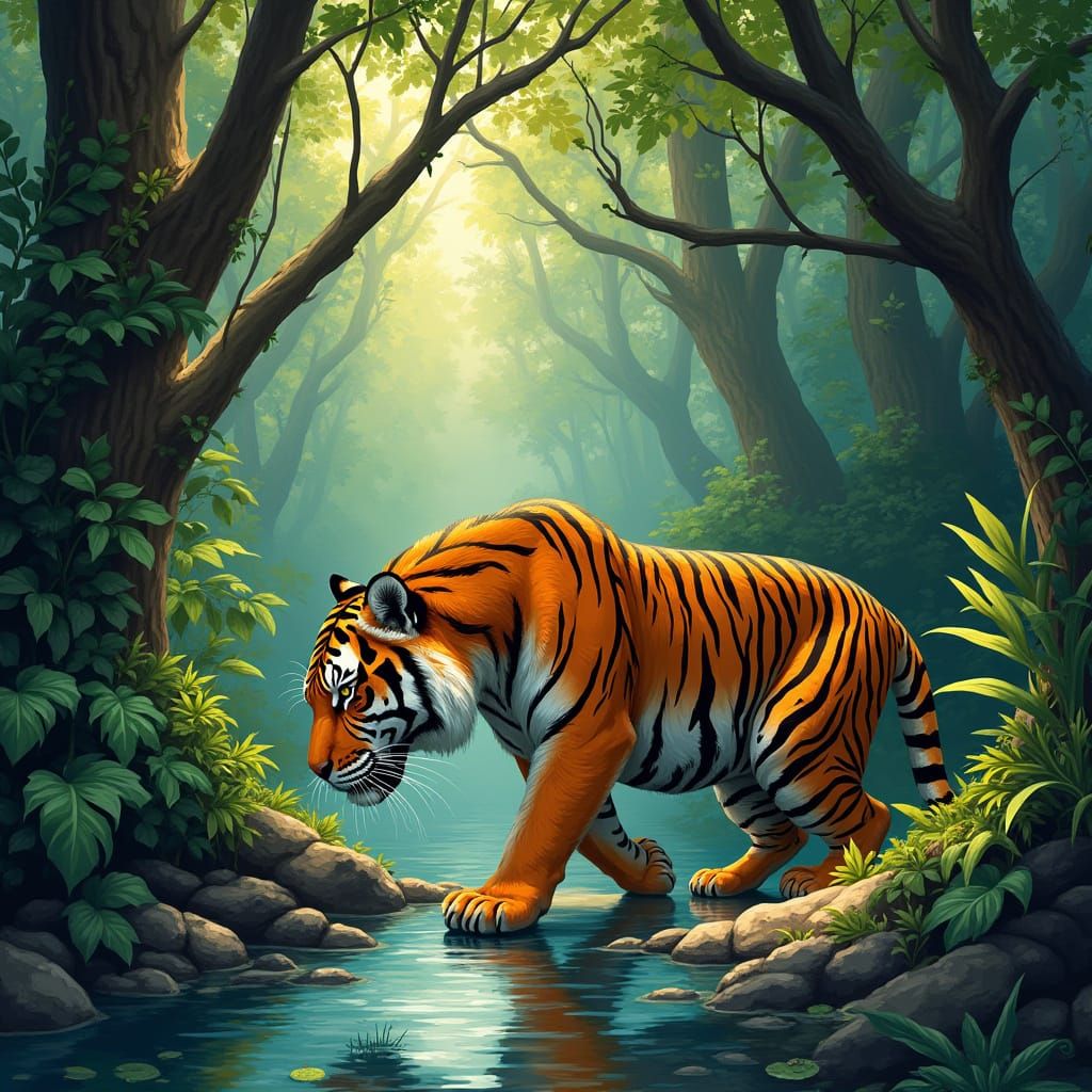 Tiger Drinks from Jungle Brook in Vibrant, Dreamlike Style