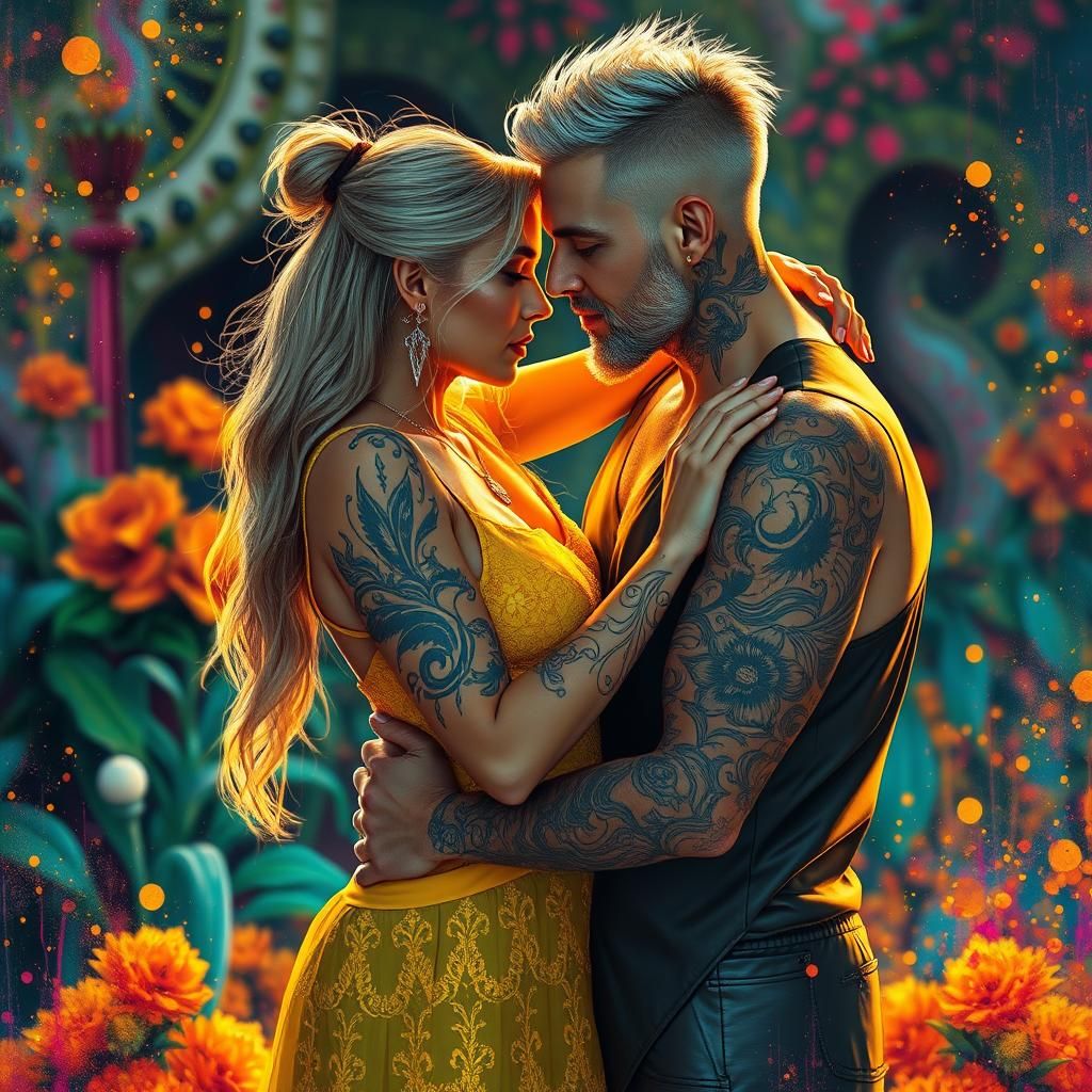 Passionate Embrace in Glowing Gardens: Digital Art