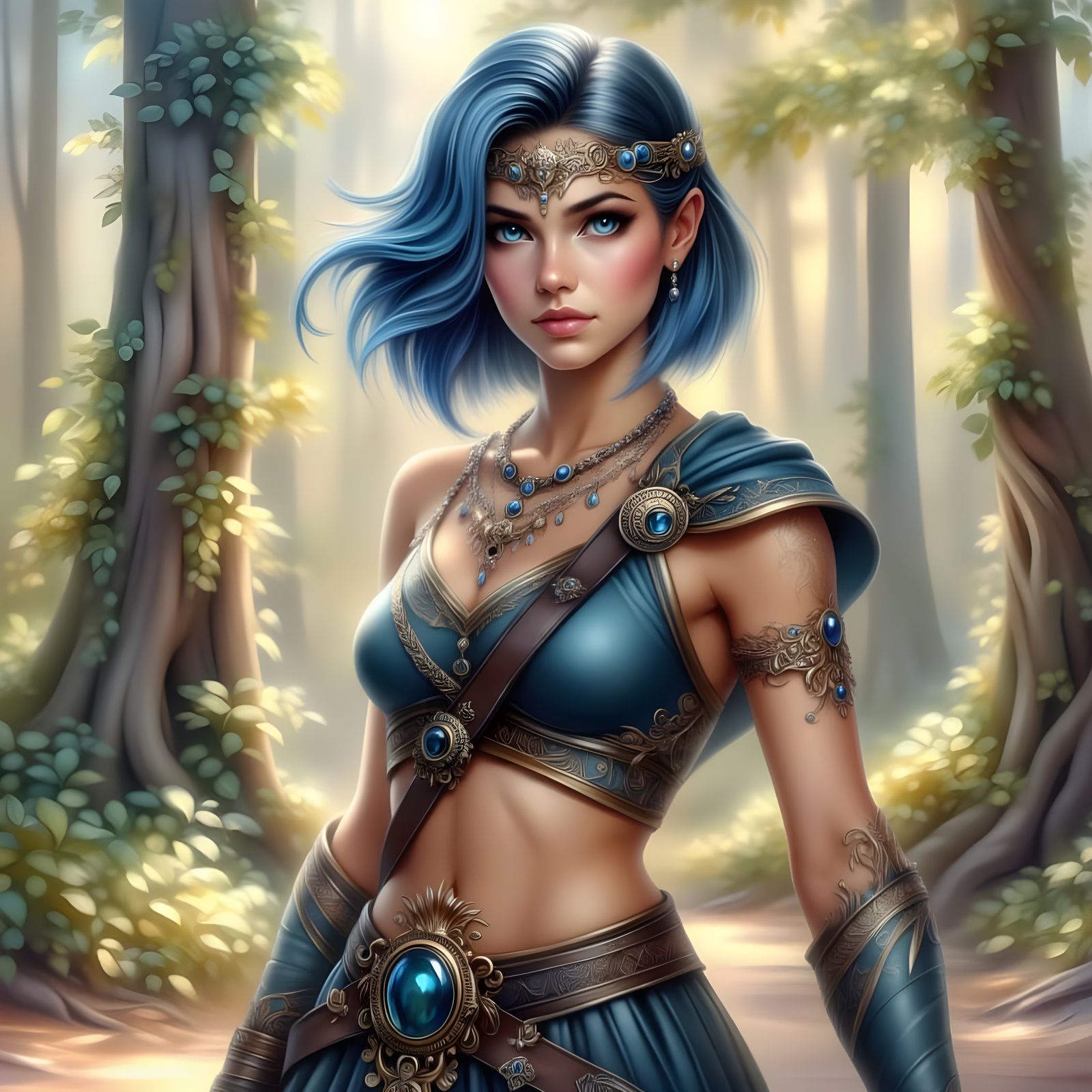 Arabian Warrior Woman in Sunny Forest, Painterly Style
