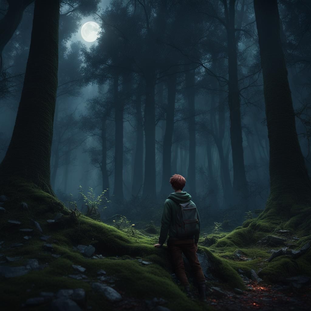 Teenage Boy in Moonlit Forest: Dark Fantasy Art