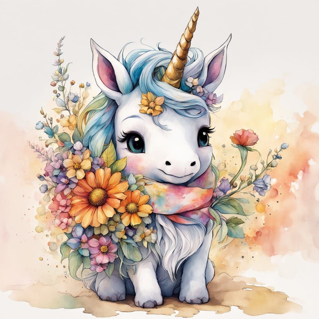 Chibi Unicorn with Rainbow Mane and Flower Bouquet
