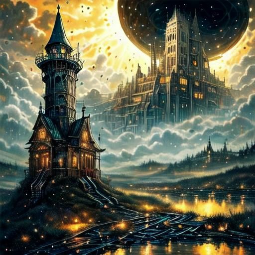 Dystopian cityscape at night with towering buildings glowing with warm lights.