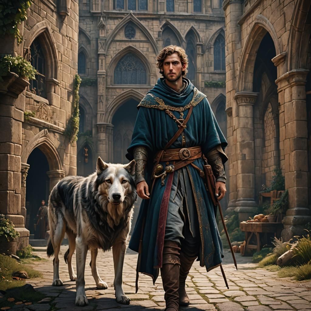 Medieval Young Man with Wolf: Detailed Matte Painting